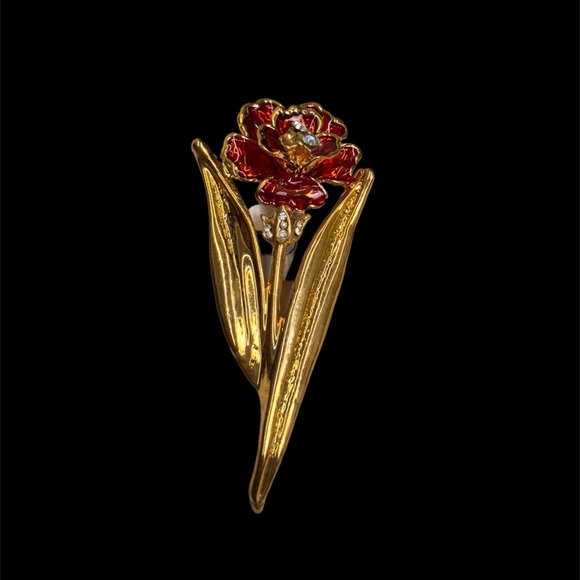 Elegant Red and Gold Floral Brooch - Picture 2 of 3